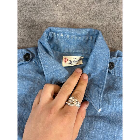 VINTAGE Helmsman Button Up Shirt Men Small Blue Chambray Workwear Minimalist 70s - Picture 6 of 7